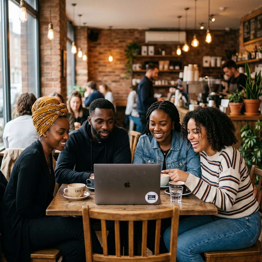 A group of friends gathered around a laptop while planning their savings round.